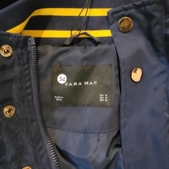 Zara Man Hooded Varsity Stripe Inside Navy Blue Bomber Jacket Size Medium - Picture 2 of 12